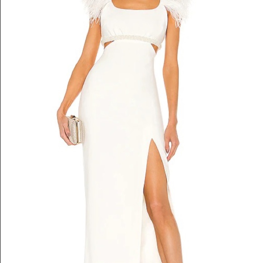 LIKELY' Taliah midi-dress features feather-
embellished sleeves and a beaded cut